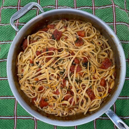 A pot of spaghetti, reminiscent of a Pasta Puttanesca recipe, with tomatoes and herbs sits invitingly on a green and red checkered cloth.