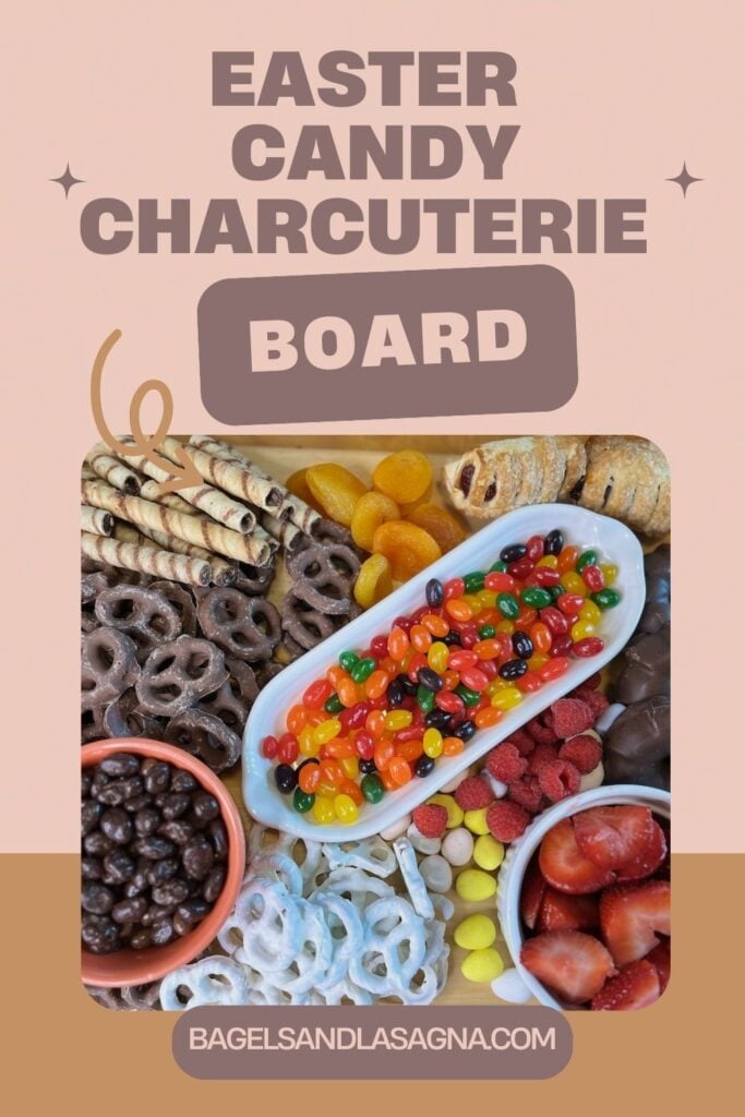 An exquisite display of Easter candy, featuring assorted chocolates, pretzels, and rolled wafers elegantly arranged on a charcuterie board. Perfect for festive gatherings.