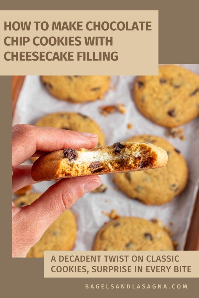 A chocolate chip cookie with a luscious cheesecake filling is held up, showcasing its gooey center. Other cheesecake stuffed cookies rest on parchment paper in the background, with text overlays detailing the mouthwatering recipe.