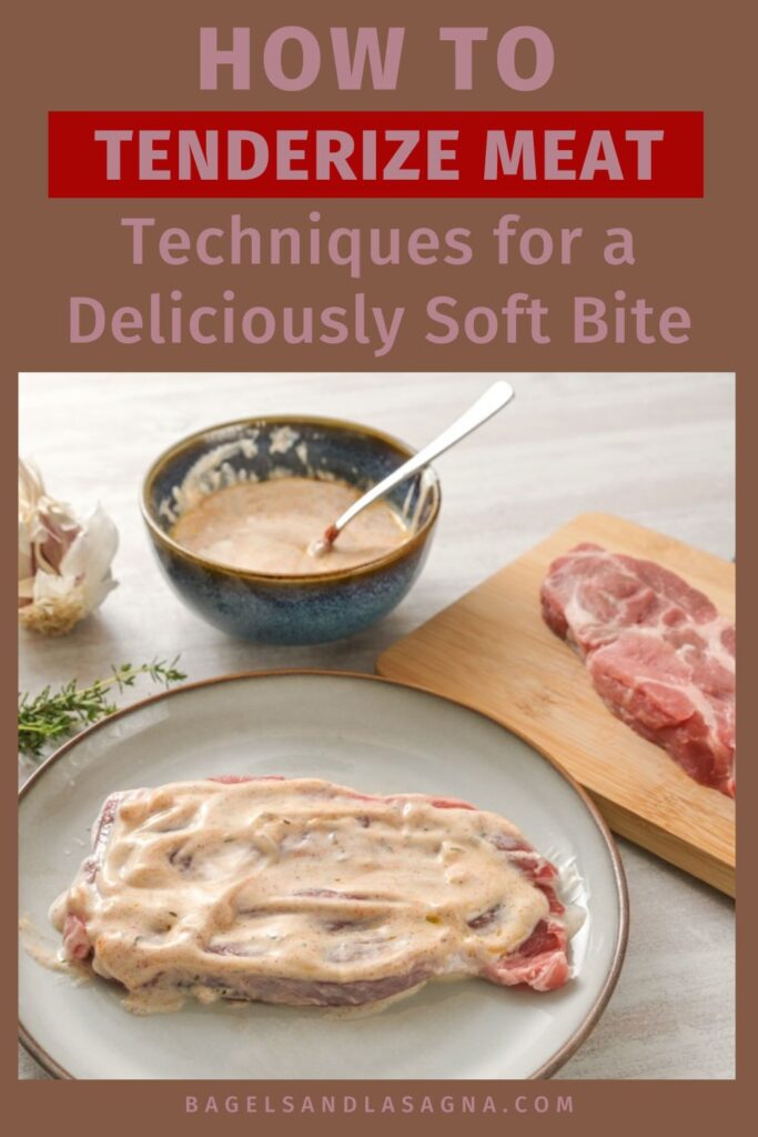 Raw meat with creamy marinade on a plate and a mixing bowl with spoon in the background, accompanied by herbs and garlic. Text reads "How to Tenderize Meat for a Deliciously Soft Bite: Discover Effective Techniques.