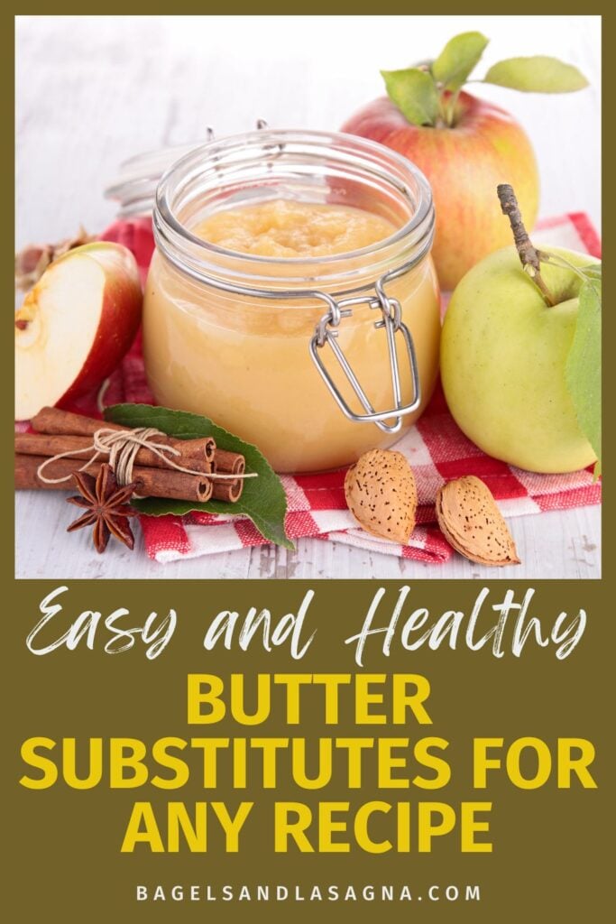 Jar of applesauce with apples, almonds, and cinnamon sticks on a red checkered cloth, offering a delightful option for butter substitutes.