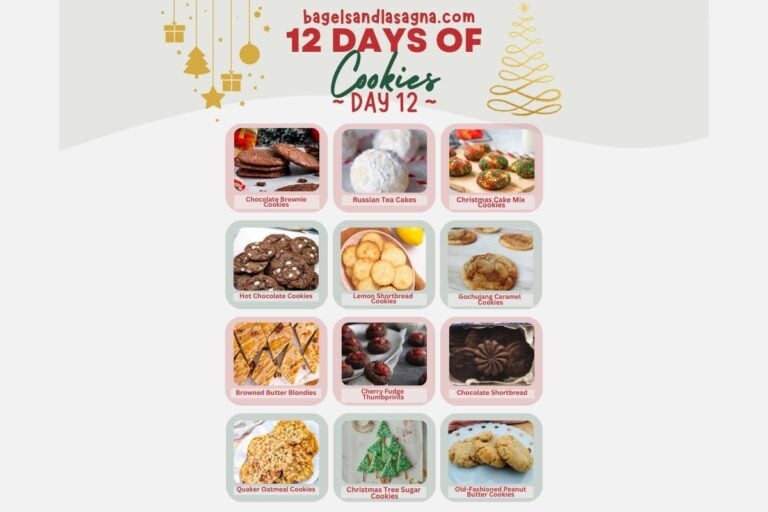 A grid showcasing 12 types of cookies, including Chocolate Brownie, Russian Tea Cakes, Hot Chocolate Cookies, and more, with festive graphics and "12 Days of Cookies" text at the top.