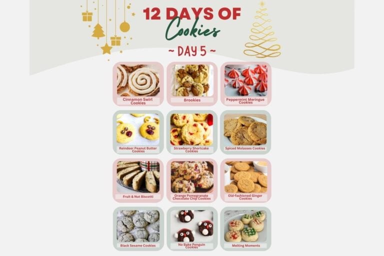 Grid of 12 cookie images with labels, including Cinnamon Swirl, Brookies, Peppermint Meringue, and more for "12 Days of Cookies, Day 5." Christmas-themed decorations at the top.