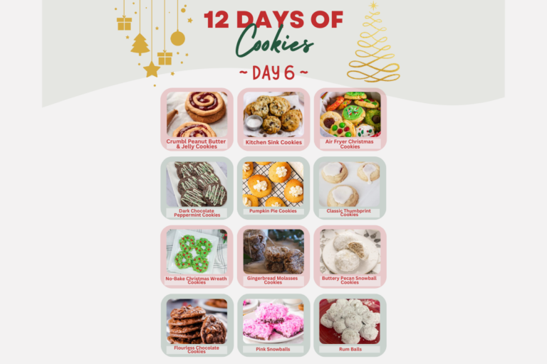 Grid of nine holiday cookie types, including Crumbl Peanut Butter, Kitchen Sink, Christmas Swirl, Posh Choc, Pumpkin Pie, Classic Snickerdoodle, Wreath Cookies, Gingerbread Biscuits, and Rum Balls.