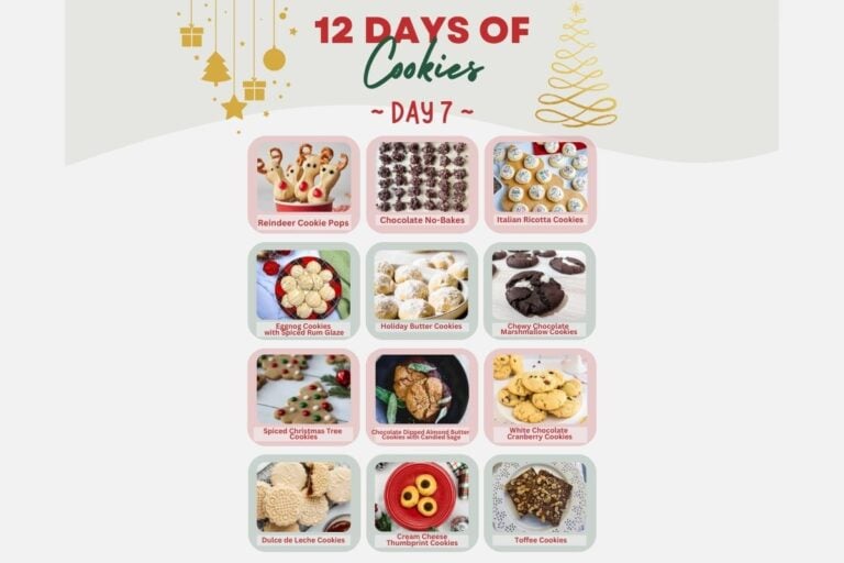 A collage of cookie recipes for day 7 of "12 Days of Cookies," featuring various cookie types like Reindeer Pops, Chocolate No-Bakes, and Italian Ricotta Cookies with festive decorations.
