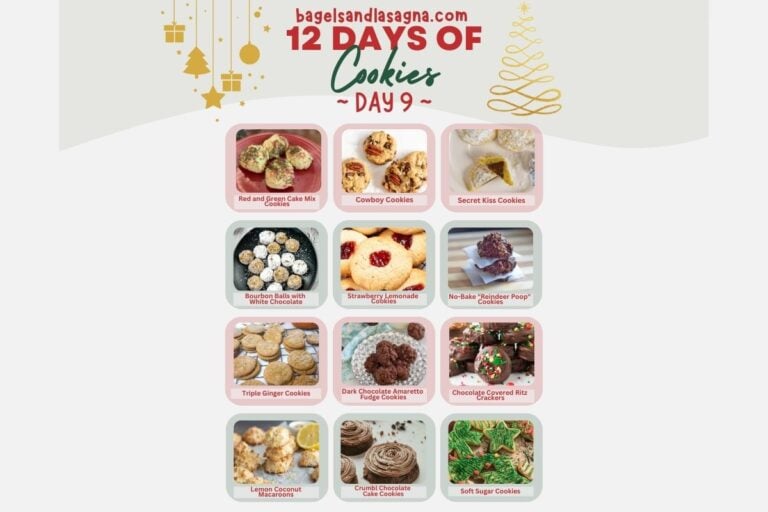 A festive grid with pictures of various cookies, including cake mix, cowboy, kiss, and sugar cookies, among others.