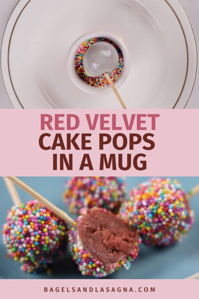 Top view of cake pops in a mug, adorned with vibrant sprinkles, accompanied by a close-up of red velvet delights on sticks, one revealing its luscious interior. Text reads "Red Velvet Cake Pops in a Mug.