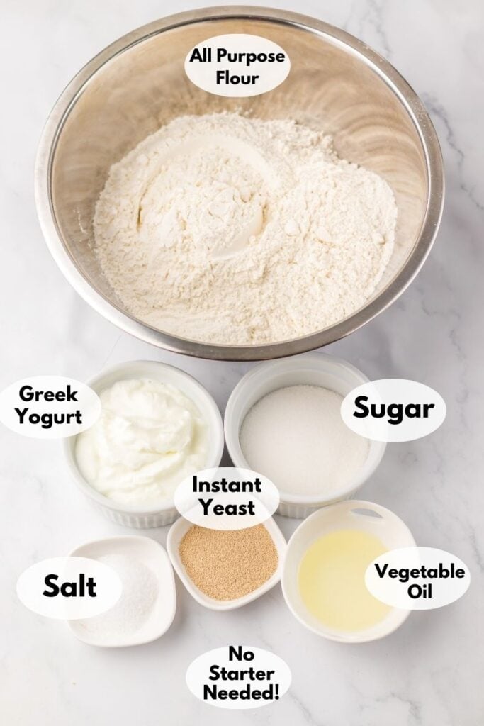 Bowl of all-purpose flour, surrounded by smaller bowls containing Greek yogurt, sugar, instant yeast, salt, and vegetable oil, labeled as "No Starter Needed!.