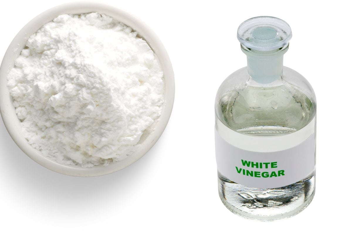 A bowl of baking soda sits next to a clear bottle labeled "White Vinegar" on a white background, showcasing essential ingredients for egg alternatives in baking.