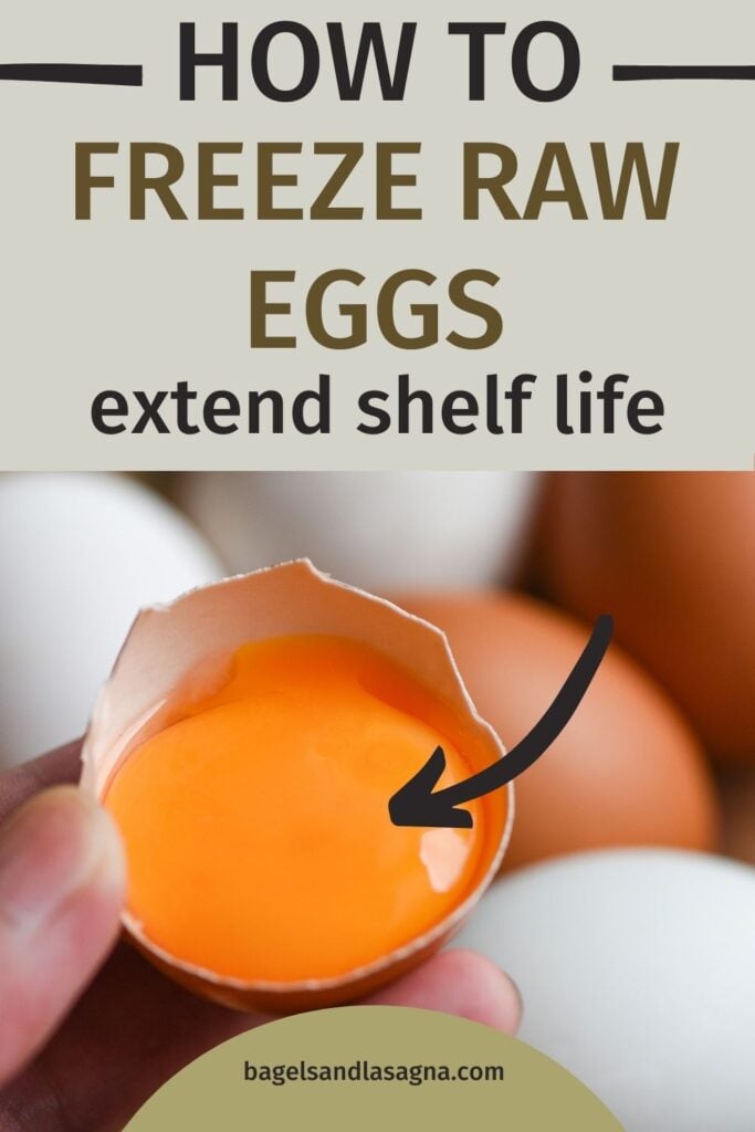 Cracked egg with yolk in focus, surrounded by whole eggs. Text reads: "How to Freeze Raw Eggs: Extend Shelf Life." Website URL at bottom.
