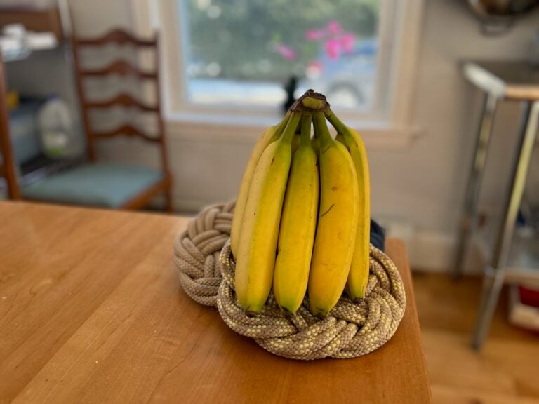 A bunch of bananas rests on a knotted rope on a wooden table, with a window and chair in the background.