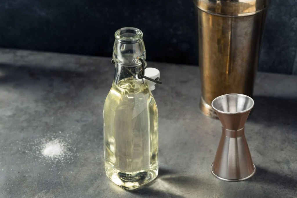 A glass bottle filled with clear liquid sits next to a metal jigger and a cocktail shaker on a gray countertop, with some spilled salt nearby.