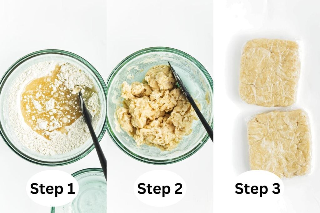 Three steps of dough preparation: Step 1 shows flour and liquid in a bowl, Step 2 shows mixed dough, Step 3 shows two square pieces of formed dough.