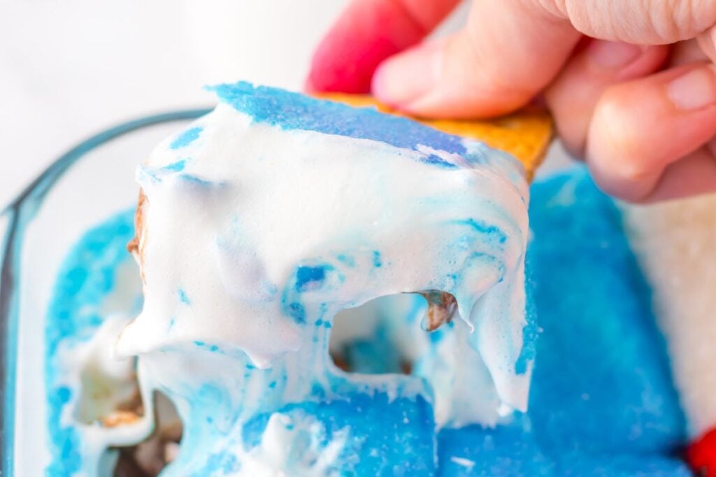 A hand holds a chip dipped in a mixture of blue and white creamy sauce, over a dish filled with more sauce and chips.