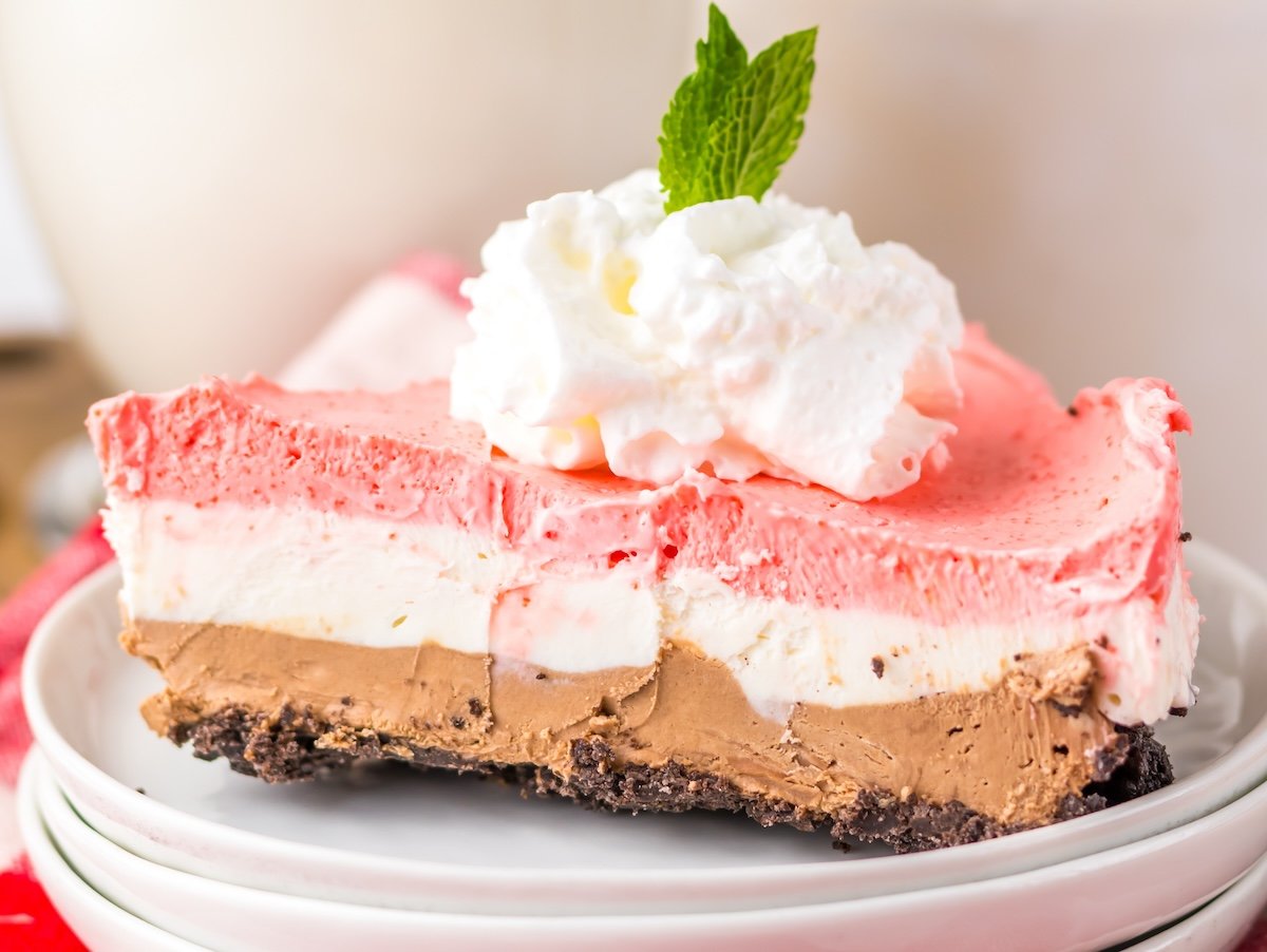 A slice of layered dessert with chocolate, vanilla, strawberry, and whipped cream, garnished with a mint leaf, served on a white plate.