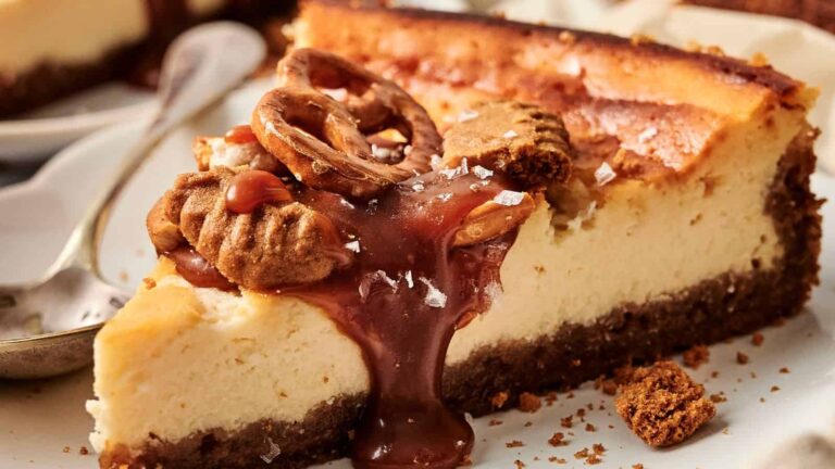 A slice of cheesecake with a graham cracker crust, topped with caramel sauce, pretzels, and sea salt, on a white plate with a spoon nearby.