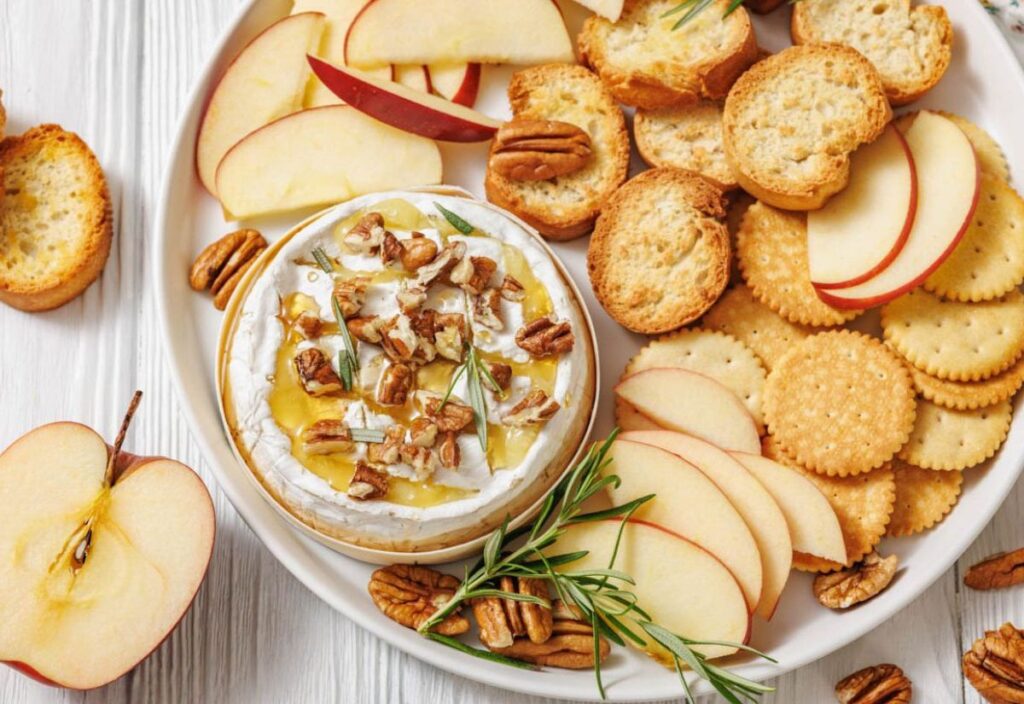 A plate with baked brie topped with nuts and honey, surrounded by apple slices, pecans, crackers, and toasted bread on a white surface.