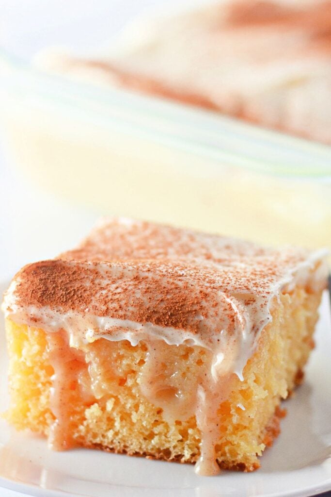 A close-up of a slice of cake with creamy icing and a dusting of cinnamon, with more cake visible in the background.