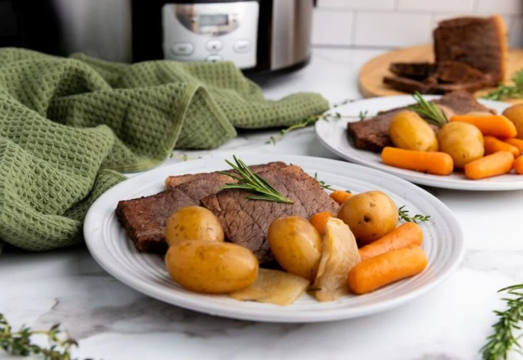 A plate of pot roast with potatoes, carrots, and onions garnished with rosemary sits on a countertop near a slow cooker.
