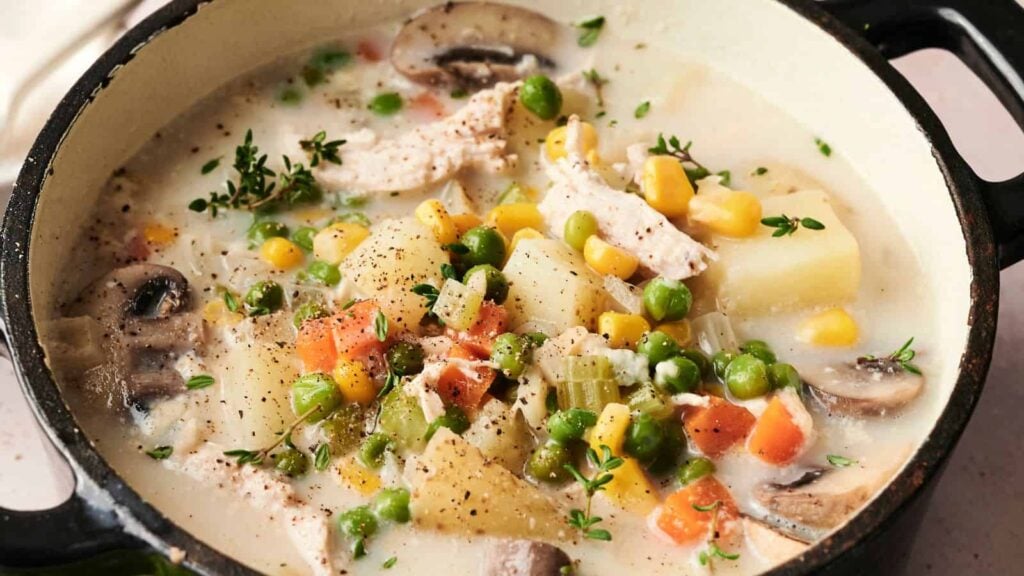A pot filled with creamy chicken stew containing potatoes, peas, corn, carrots, mushrooms, and herbs.