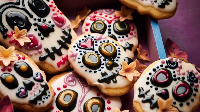 Decorated sugar cookies shaped like skulls with colorful icing designs, inspired by Dia de los Muertos, surrounded by small decorative flowers.