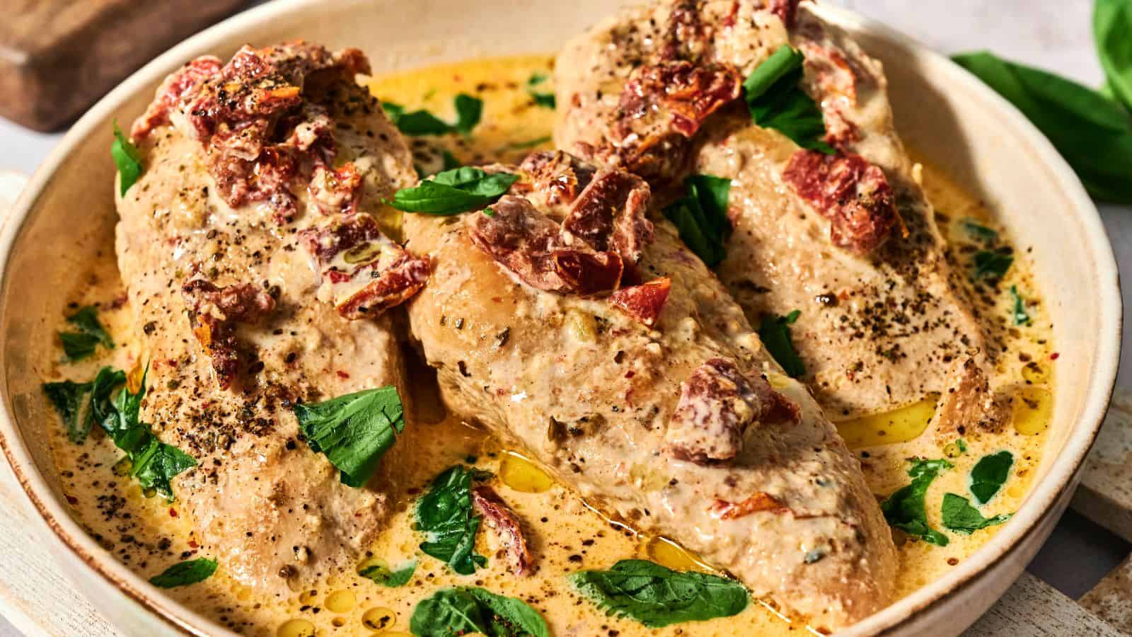 Three cooked chicken breasts in a creamy sauce, topped with herbs and sun-dried tomatoes, presented in a round dish.