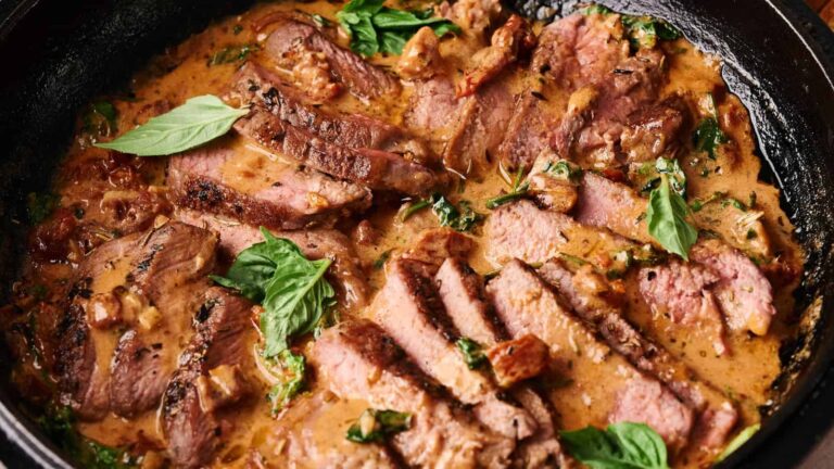Sliced steak in a creamy sauce with fresh basil leaves, served in a black skillet.