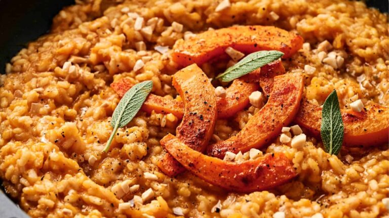 A close-up of pumpkin risotto topped with roasted pumpkin slices, chopped nuts, and fresh sage leaves.