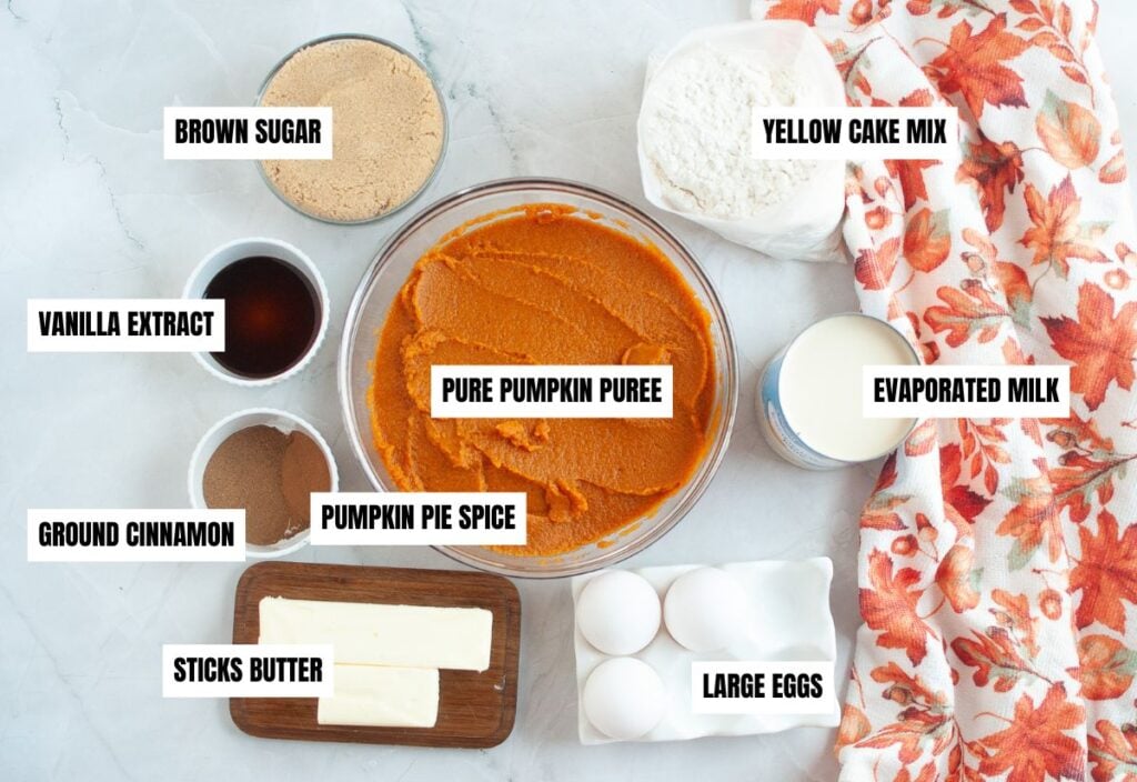 Ingredients for pumpkin dessert are laid out on a counter: brown sugar, yellow cake mix, vanilla extract, cinnamon, pumpkin pie spice, pumpkin puree, evaporated milk, butter, and eggs.