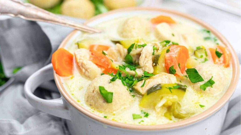 A bowl of creamy soup with chicken pieces, carrots, dumplings, and chopped parsley, served with a spoon.