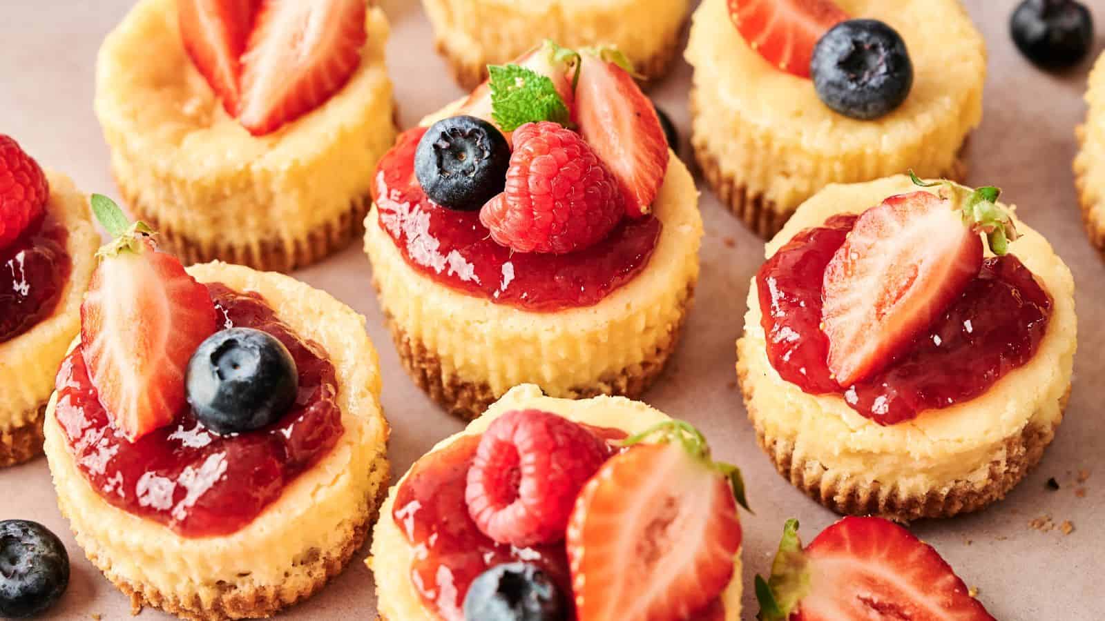 Mini cheesecakes topped with strawberry sauce, fresh strawberries, raspberries, blueberries, and a small mint leaf on a light surface.