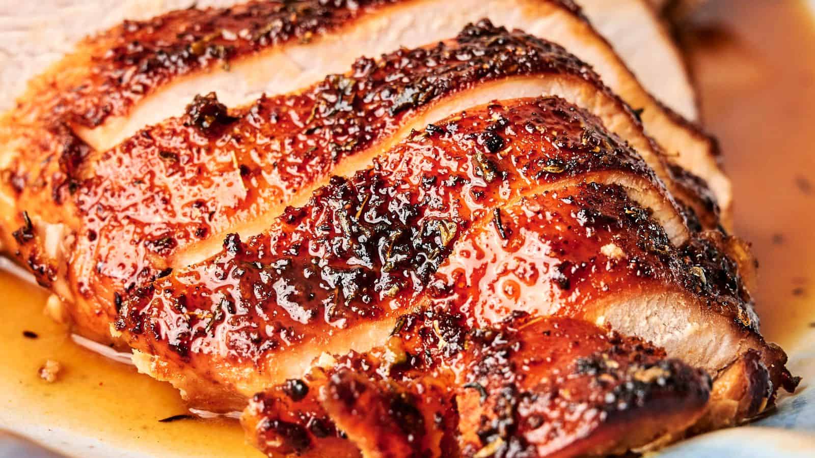 Close-up of sliced glazed turkey breast with visible seasoning.