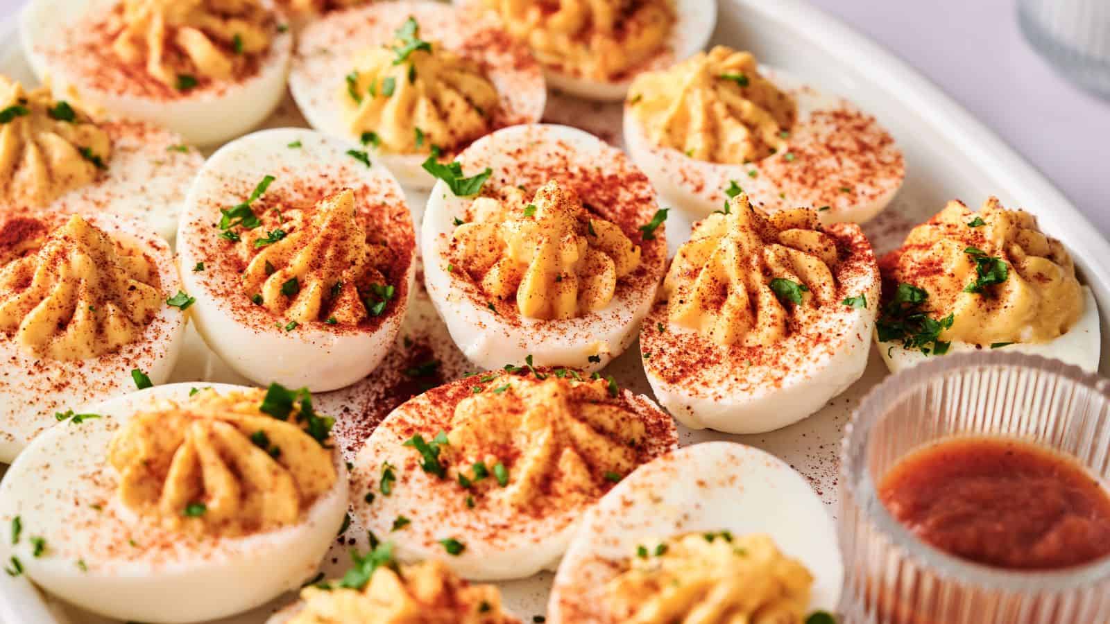 A plate of deviled eggs garnished with paprika and chopped parsley, with a small dish of sauce on the side.