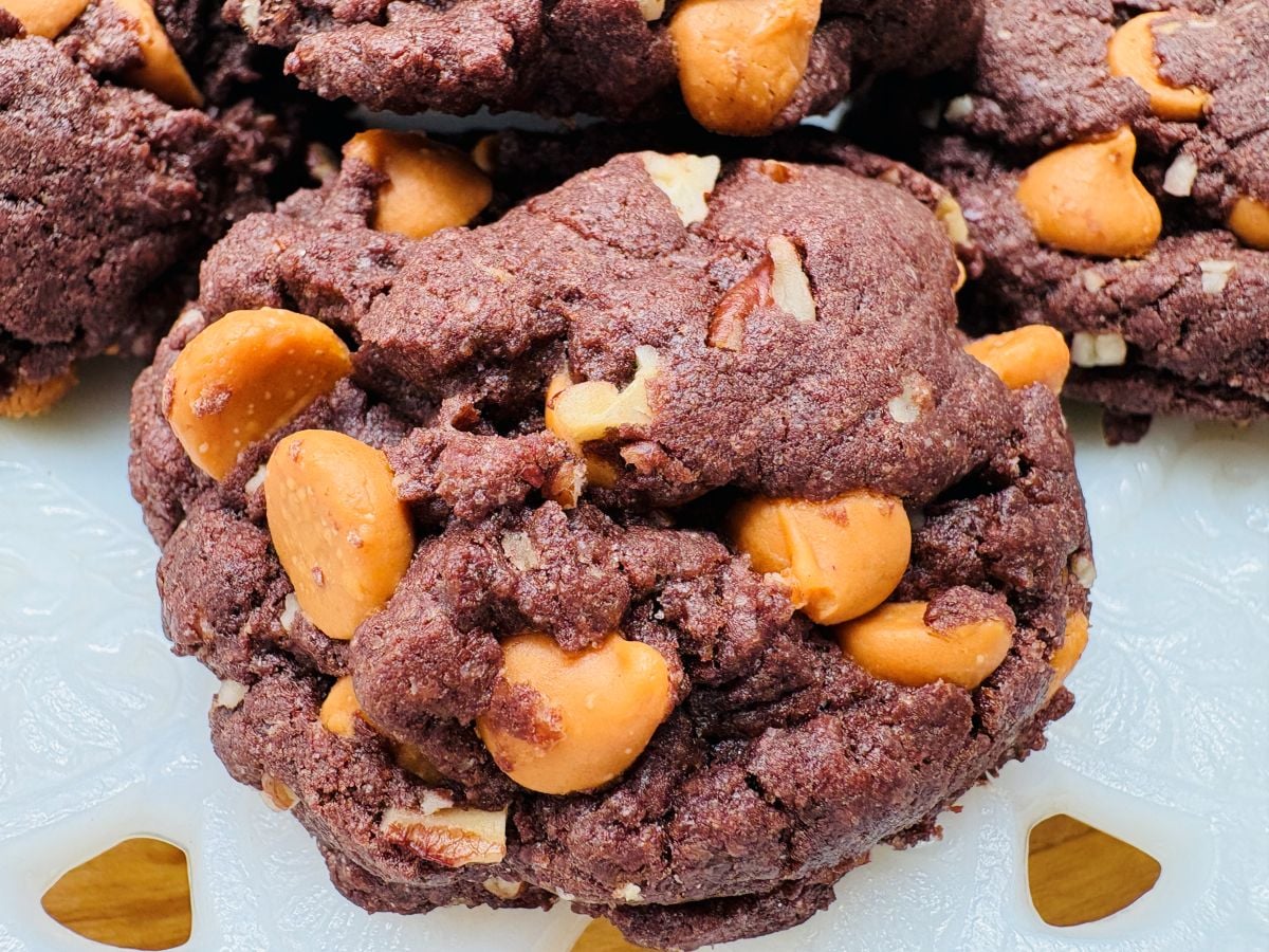A close-up of a chocolate cookie studded with butterscotch chips and small pieces of nuts on a white textured surface.