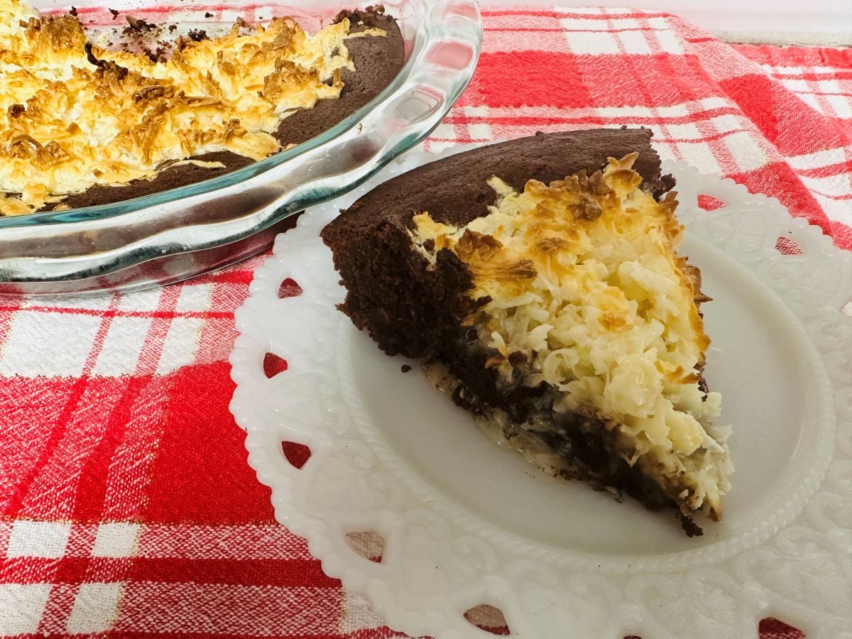A slice of chocolate coconut pie sits on a white decorative plate, with the rest of the pie in a glass dish nearby. Perfect for thanksgiving pies, it features a toasted coconut topping atop a red and white checkered tablecloth.