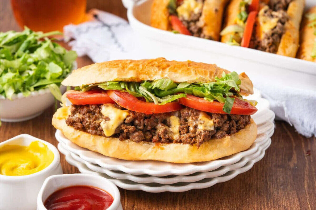 Enjoy easy sandwiches filled with seasoned ground beef, sliced tomatoes, shredded lettuce, and melted cheese on a plate, served with ketchup and mustard in small bowls nearby.