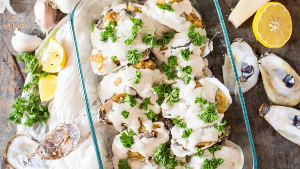 A glass baking dish filled with baked oysters topped with creamy white sauce and fresh parsley, surrounded by lemon halves and empty oyster shells.