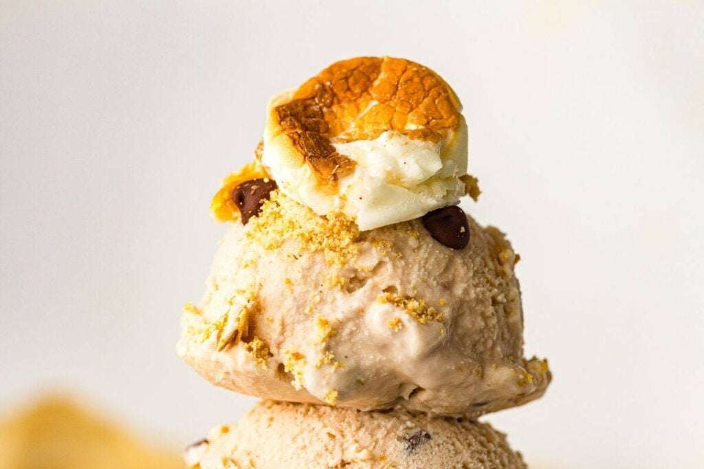 A scoop of ice cream topped with crushed graham crackers, chocolate chips, and a toasted marshmallow against a light background.