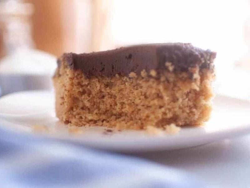 A close-up of a graham cracker cake with a chocolate frosting layer on top, placed on a white plate.
