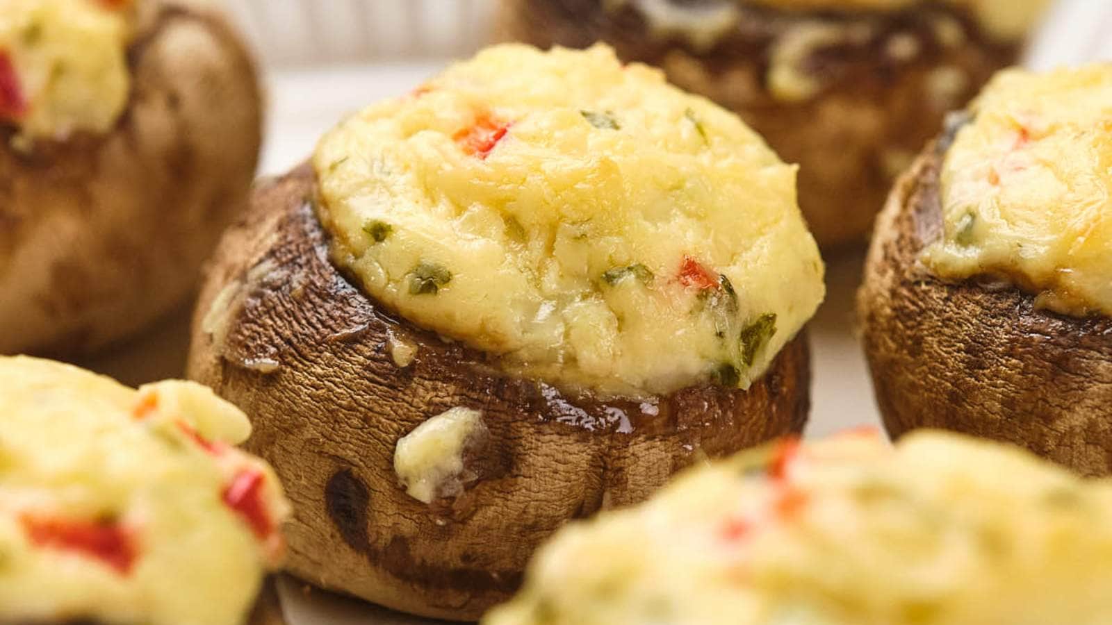 Close-up of stuffed mushrooms with a creamy, herb-filled topping, featuring bits of red and green peppers.