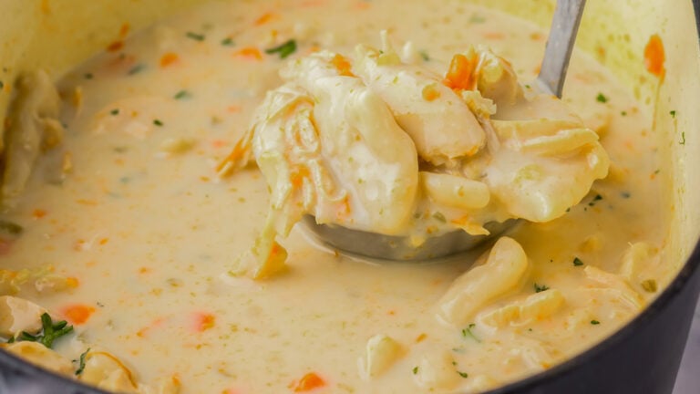 A pot of creamy chicken and dumplings,