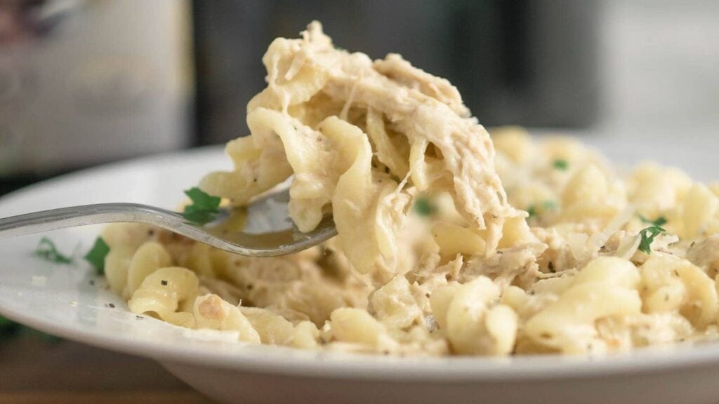 Olive garden chicken pasta on a fork.