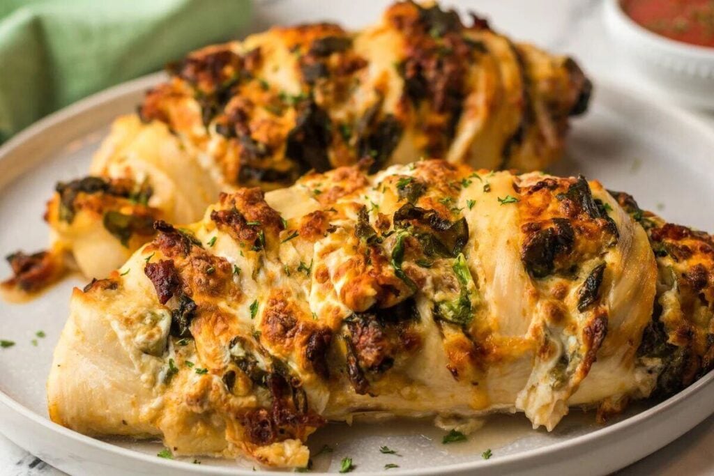 Sliced, baked chicken breast stuffed with cheese, spinach, and herbs on a white plate.