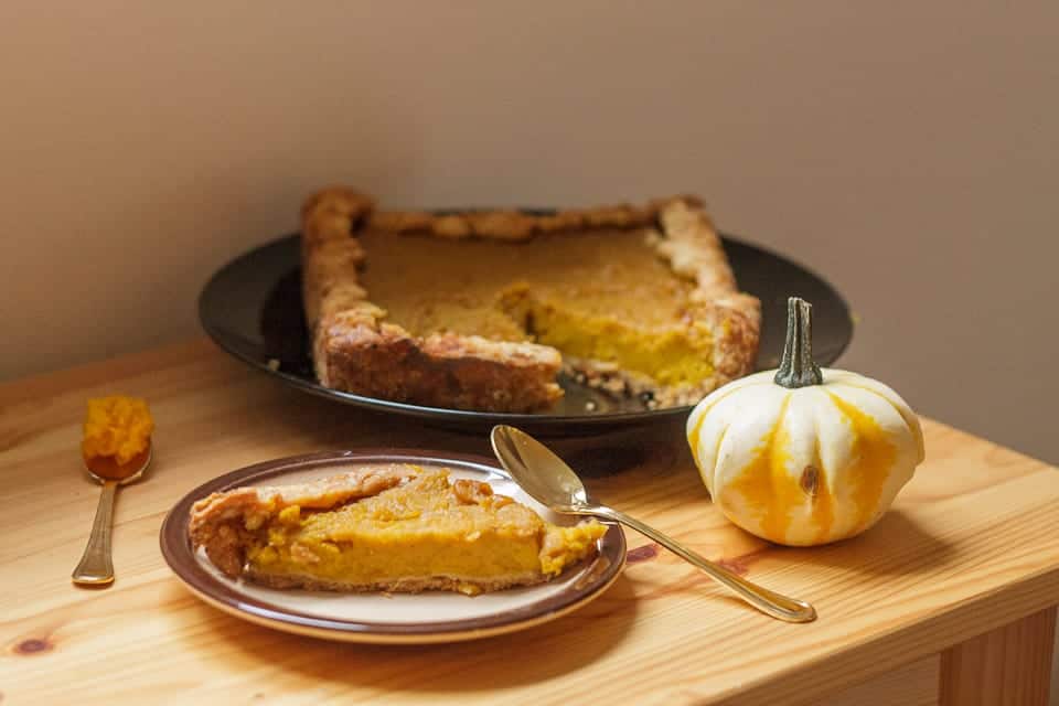 A slice of pumpkin pie on a plate.