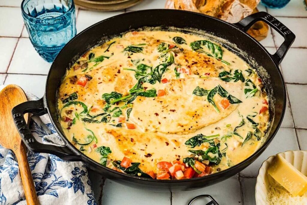 Skillet with creamy chicken Florentine featuring tender chicken breasts, spinach, and diced tomatoes on a tiled surface.