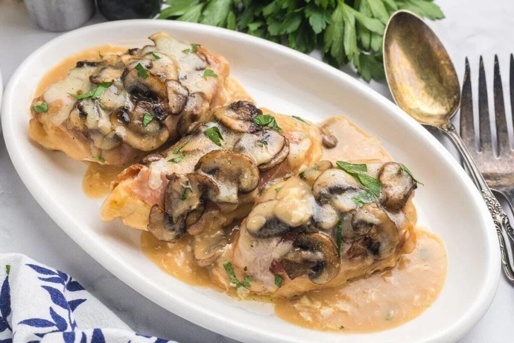 Three pieces of chicken breast topped with cooked mushrooms and melted cheese, served with sauce on a white oval plate.