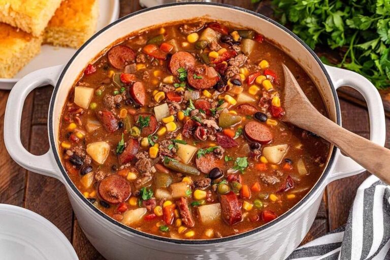 A large pot of hearty stew with sausage, beans, corn, potatoes, carrots, and green beans, stirred with a wooden spoon. Cornbread and parsley are visible in the background.