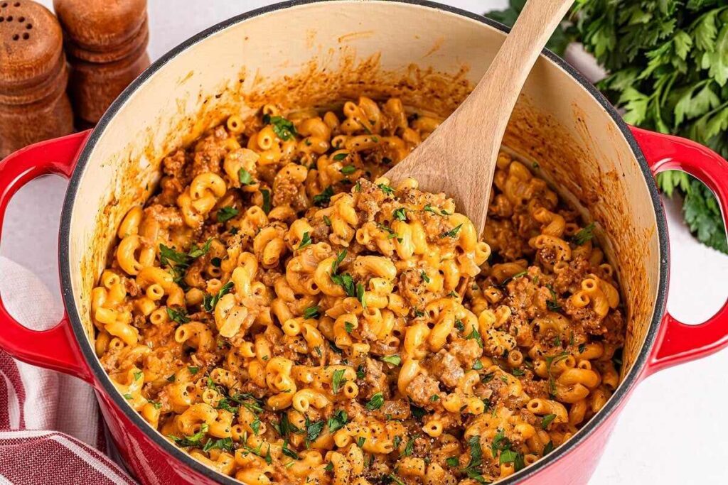 This homemade hamburger helper recipe has ground beef, macaroni, and a flavorful cheesy cheddar sauce.