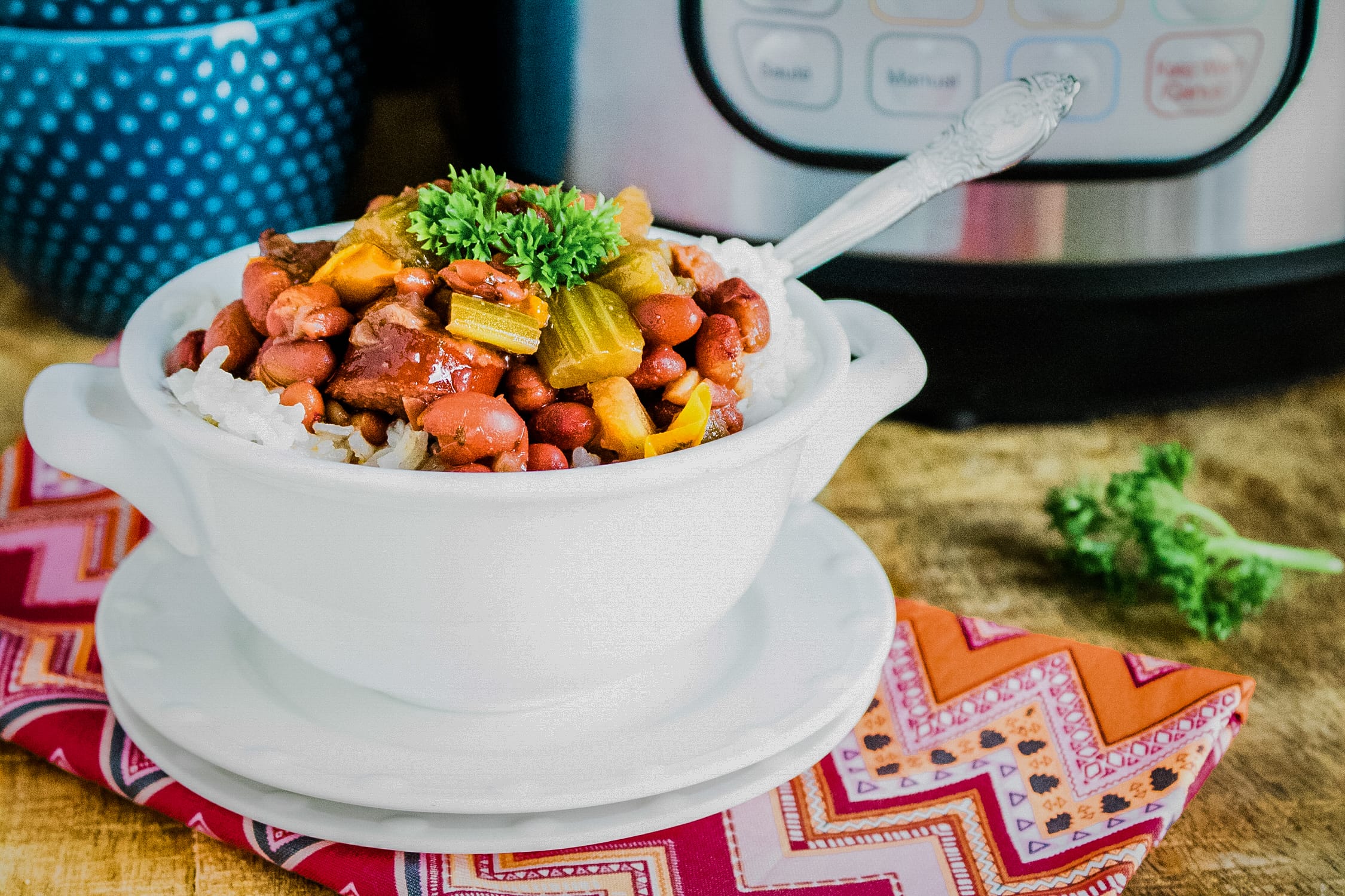 An appetizing instant pot recipe bowl of beans and rice.