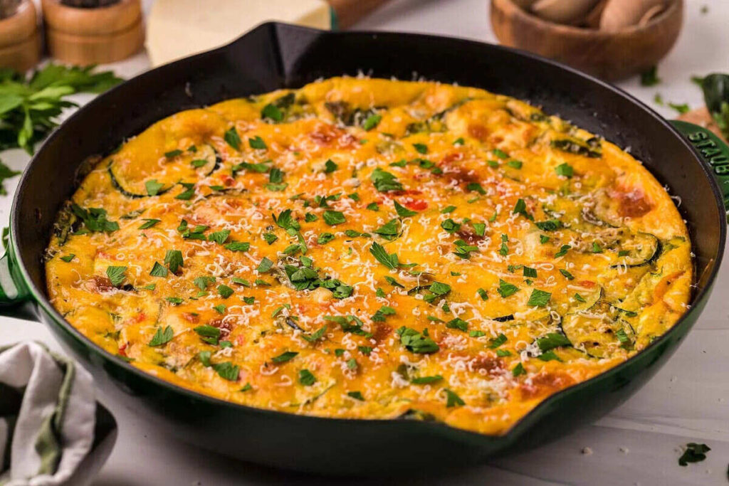 A baked frittata in a skillet, topped with melted cheese and chopped parsley, sits on a white surface with herbs and kitchen items in the background.